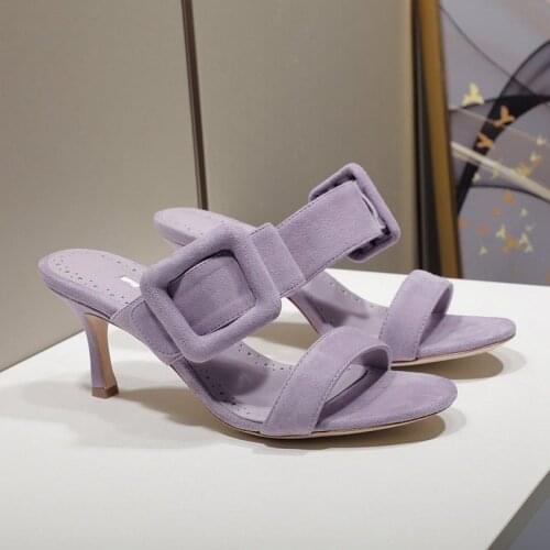 2021 Sexy Woman Slippers High Heels Woman Shoes Outdoor Slippers Kid Suede Slippers Buckle Decor Female Shoes Zapatos De Mujer