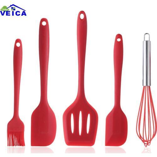 5 Pcs Cooking Tools Silicone Kitchen Utensils Spatula Egg beater Sweeper Spaghetti Server Slotted Turner Kitchen Tools Set