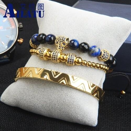 Ailatu New Luxury Blue Cz Cylinders Sets Bracelet Stainless Steel Mens Bangles Top Quality Leopard Jewelry Free Logo Service