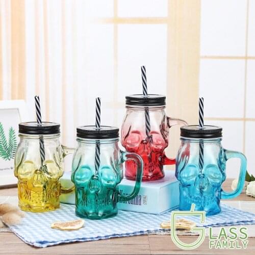 GF Mason Jar Glass Skull Drinking Mugs with Lids & Straws, Drinking Glasses Heavy Base for Beverage, Brandy, Liquor, Jello