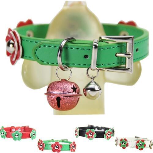 Free Shipping Fashion Pet Leads Flower PU Leather Dog Pet Cat Collars Necklace 4 Colors S\M\L With Bell Dog Name Collars