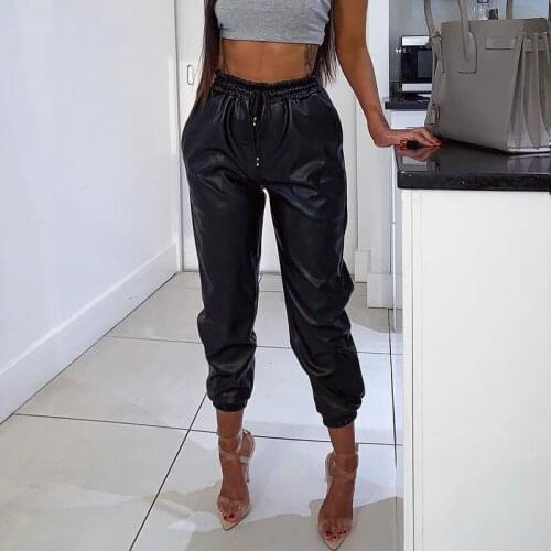 Women Trousers PU Leather Harem Pants Casual High Waist Elastic Faux Leather Autumn Pants Streetwear Office Loose Trousers