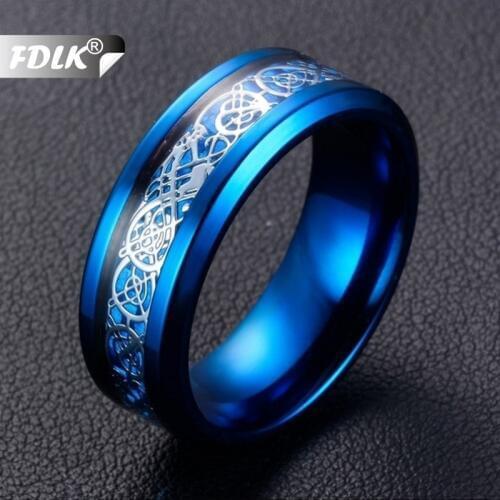 FDLK Blue Stainless Steel & Alloy Ring Dragon Blue Carbon Fibre Men and Women Jewelry Gift