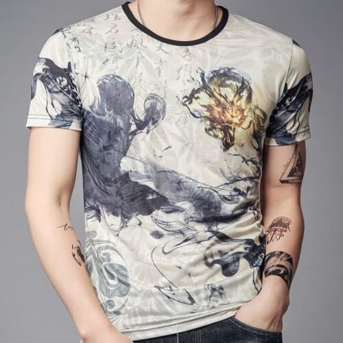 Summer Mens Short Sleeve O-neck T-shirt Slim Fit Printed Ice Silk Daily Top Tees Polyester Spandex