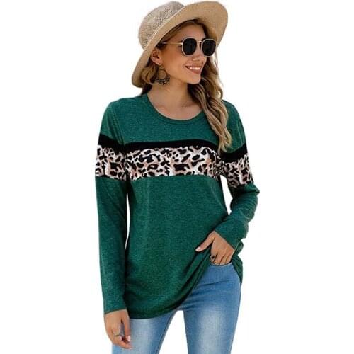 Patchwork Color Leopard Print T-shirt Women New Spring Long Sleeve O-neck Vintage Casual Office Lady Fashion Tshirt Plus Size