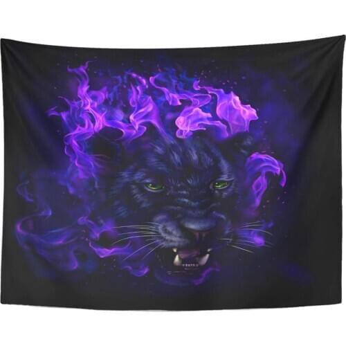 Artwork Wall Hanging Jungle Panther Head in Flames Digital Painting Full Jaguar Animal Big Black 60x80 Inches Tapestries Mattres