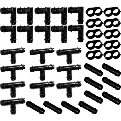 Irrigation Fittings Kit For 1/2 Inch Inch Tubing - Tees, Couplings, Elbows, End Cap Figure 8 Plugs - Barbed Connectors
