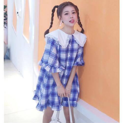 Summer dress new womens 2018 Japanese sweet navy collar loose plaid short-sleeved student dress