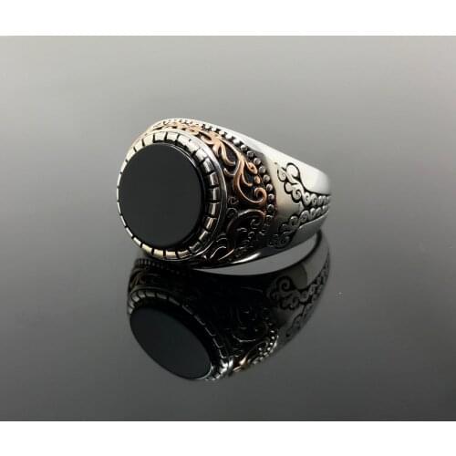 New Authentic Sterling Silver Antique Turkish Round Black Onyx Stone Master Hand Ring Mens Rustic Hallmarked Male Jewelry