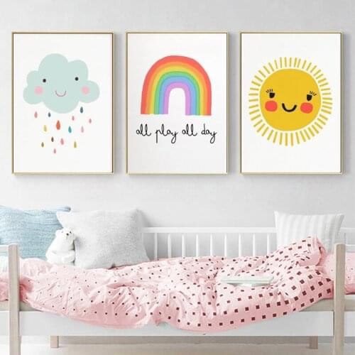 Rainy Cloud Sunshine Canvas Painting Nursery Wall Art Poster and Print Scandinavian Picture Nordic Girls Bedroom Room Decoration