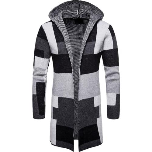 New Autumn Men Cardigan Sweater Long Hooded Mens Knitwear Patchwork Sweatercoat Male British Style Knitted Sweater
