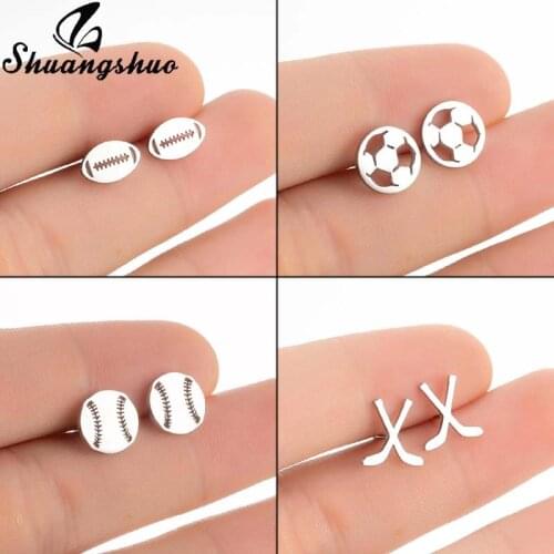 Shuangshuo New Fashion Soccer Baseball Football Stud Earrings Street Sport Earrings for Womens Men Punk Party Jewelry Gift