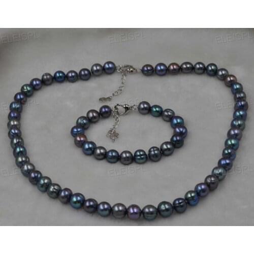 10mm real cultured freshwater black pearl necklace & bracelet Set