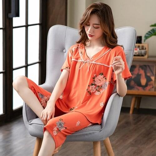 Fashion Sweet Cute Ladies Roomware V-neck Bow-knotted Short Sleeve Floral Printed Pajamas Style Suit Loose Home Set Of Two Piece