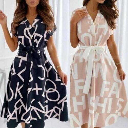 Letters Print Dress for Women V Neck Summer Short Sleeve Buttons Belt Dress Female Wedding Party Dress Fashion Ladies Streetwear
