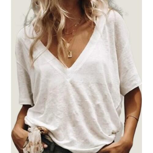 S-5XL Summer Solid T Shirt Ladies Sexy V Neck Short Sleeve Tshirt Casual Loose Basic Black White T-Shirt Tee Tops for Women