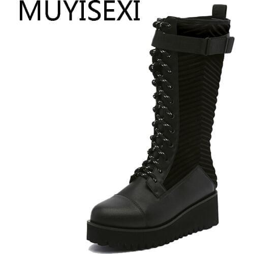 Genuine leather lace up med heels round toe punk superstar equestrian boots buckle fasteners high knee boots HL175 MUYISEXI