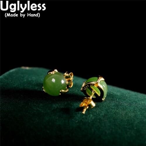 Uglyless 8MM MINI Gemstones Studs for Women Natural Jade Stud Earrings Gold Real 925 Sterling Silver Hearts Brincos Bijoux E1535