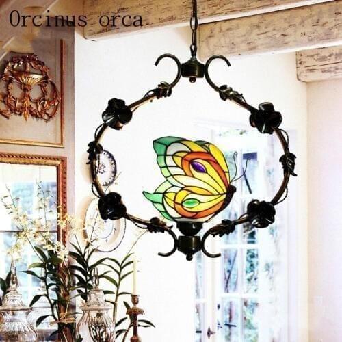 Mediterranean creative single head butterfly chandelier lamp restaurant entrance aisle balcony retro stained glass chandelier