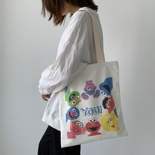 2020 New Canvas Tote Bag Cartoon Printing Womens Shoulder Shopper Bags Korean Harajuku Cotton Cloth Eco Reusable Shopping Bag