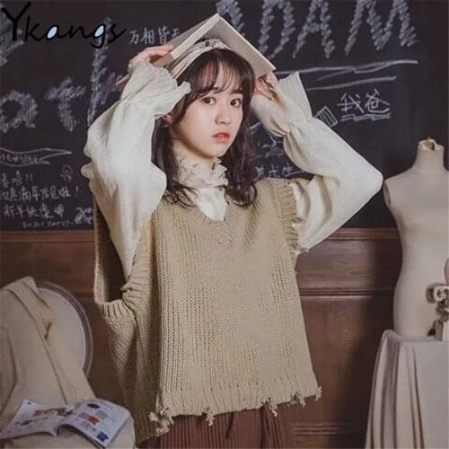 Vintage Tassel V Neck Pullover Vest Autumn Winter Short Knitted Women Ripped Sweaters Sleeveless Warm Sweater Casual Oversize