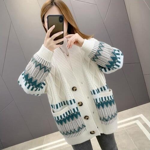 Loose knitted cardigan womens sweater 2021 new autumn and winter all-match color matching rhombus ladies long-sleeved top