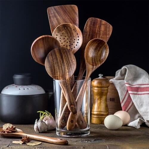 Teak Natural Wood Cookware Kitchen Utensils Cooking Tools Sets Tableware Kitchenware Dinnerware Spoon Shovel Colander Wooden Kit
