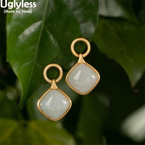 Uglyless Simple Fashion Geometric Hollow Round Gemstones Square Earrings for Women Emerald Jade Agate Studs Earrings 925 Silver