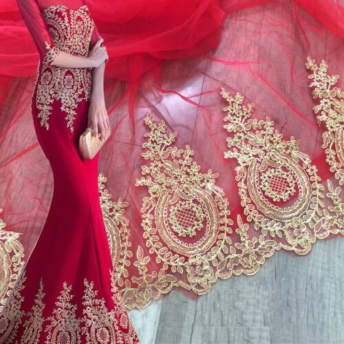 Embroidered Tulle Mesh Lace Trim Gold Metallic Yarn Full Dress Lace Trimming Golden Lace Border Corded Lace Trim 3yards/lot