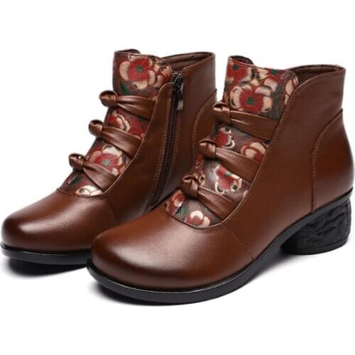 Winter Bow Genuine Leather Warm Shoes Woman Embroidery Floral Short Boots for Women Vintage Ankle Comfortable Botas Mujer 2020