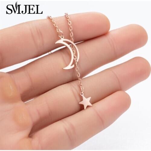 Korean Style Star Moon Necklaces for Women Fashion Stainless Steel Crescent Half Moon Pendant Necklaces Band Jewelrys Choker