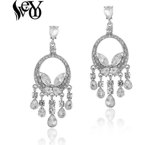VEYO Vintage Round Rhinestone Drop Earrings Luxury Butterfly Tassel Crystal Dangle Earrings For Women