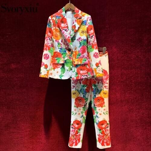 Svoryxiu Fashion Runway Elegant Flower Print Two Piece Set Womens Long Sleeve Single Button Blazer + Pants Office Lady Suits