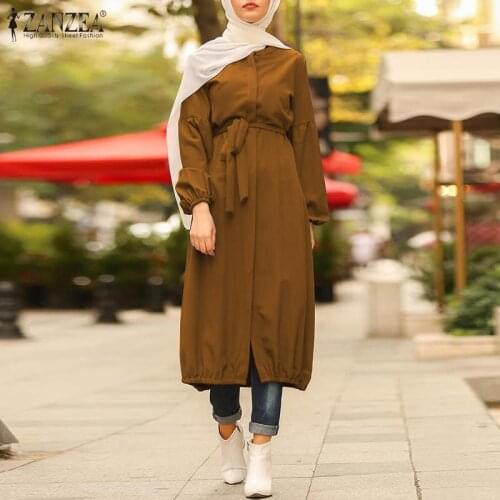 Vintage Solid Muslim Dress Womens Puff Sleeve Sundress ZANZEA Casual Button Midi Vestidos Belted Female Solid Robe