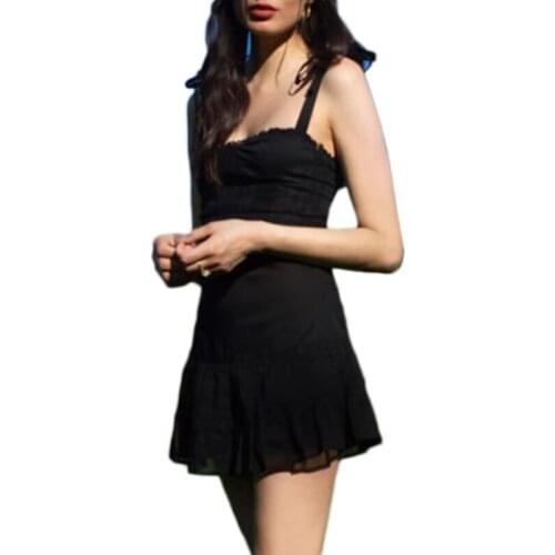 Women Goth Punk Tie Up Strap Sleeveless Black Mini Dress Sexy V-Neck Frill Ruffles Trim Skinny Pleated A-Line Streetwear