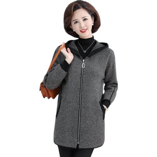 2021Winter Jacket Women New Middle-aged Hooded Knitted Jacket Women Loose mid-length Casual Woolen Coat Female Jackets Outerwear