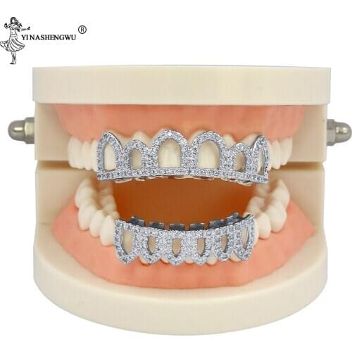 Hip Hop Teeth Grills Caps Micro Pave CZ Stone Six 6 Open Hollow Top & Bottom Set Men Women Teeth Grillz Body Jewelry Fashion New