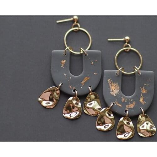 2021 Fashion Handmade Gold Foil Abstract Pattern Polymer Clay Earrings Geometric Drop Dangle Pendant Statement Art Earrings