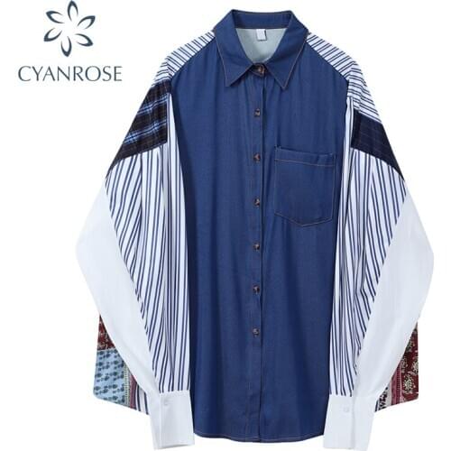 Irregular Spliced Denim Blouses 2021 Spring Streetwear Long Sleeve Pocket Korean Vintage Shirt For Ladies Tide Oversized Ins Top
