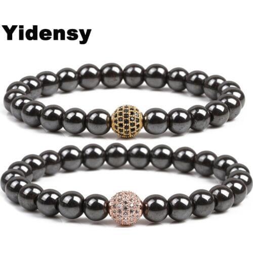 Yidensy Magnetic Hematite Bead Bracelet Weight Loss Magnet therapy Round Crystal Zircon Ball Charm Bracelet Bangle for Women Men