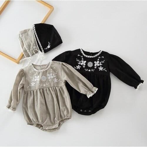 2021 New Baby Girl Autumn Long Sleeve Bodysuit Flower Embroidery Infant Girls Boys Jumpsuit With Hat 2pcs Toddler Clothes
