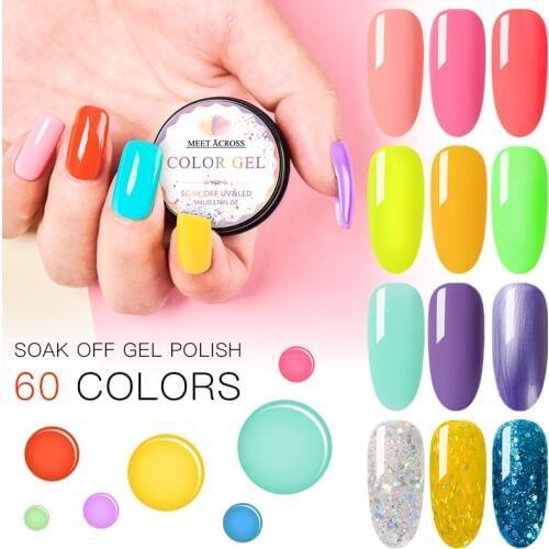 MEET ACROSS 60 Color Glitter Nail Gel Polish 5ml Shiny Rainbow Pure Color Soak Off UV LED Art Lacquer For Nail