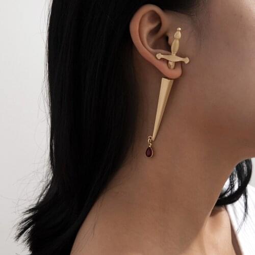 Fashion Cool Hip Hop Red Water Drop Cross Stud Earrings Fashion Simple Long Sword Handle Stud Earrings Personality Girl Jewelry