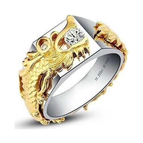 THREEMAN 0.25CT Chinese Dragon Moissanite Test Men Jewelry 14K White Gold Engagement Ring Male Jewelry Genuine Gold