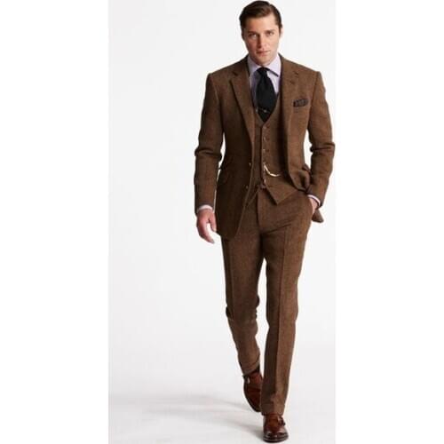 2020 Latest Coat Pant Designs Brown Tweed Men Suit Slim Fit 3 Piece Tuxedo Custom Style Groom Blazer Prom Suits Terno Masculino