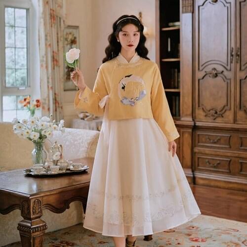SWEETXUE 2021 New Set Retro Embroidery Flower Long Dress + Round Neck Short Shirt Cute Elegant Two-Piece Suit