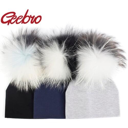 Geebro Newborn baby Solid Color Beanies hat Girls Boys Kids Soft Cute Cotton skully hats With triple color Fur Raccoon Pompom