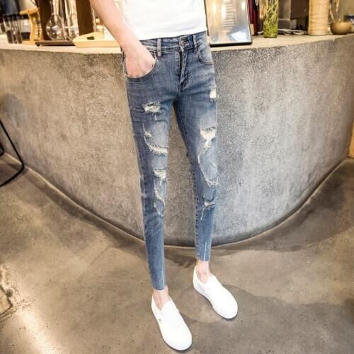 Wholesale 2020 Denim Pants Mens Boys Small Feet Holes Cropped Skinny Jeans Thin Mens Social Men Beggar teenagers pencil Pants