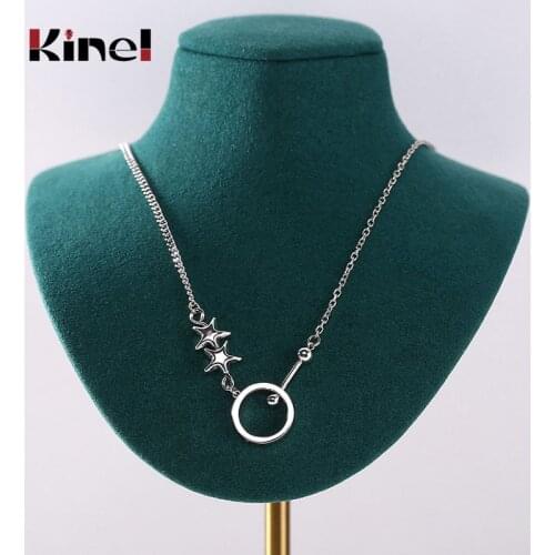 Kine Authentic 925 Sterling Silver Star Round Pendant Necklace for Women Vintage Silver Necklaces Korea Jewelry