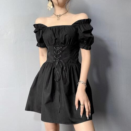 Puff Sleeve Dress Lolita Plus Size Party Slash Neck Ruffles Dress Sexy Sweet Black Princess Women Ladies Clothes Summer Fashion